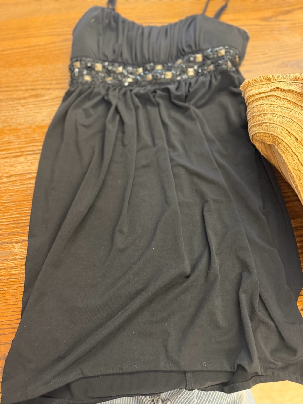 Roulette Black Beaded Waist Spaghetti Strap Dress
